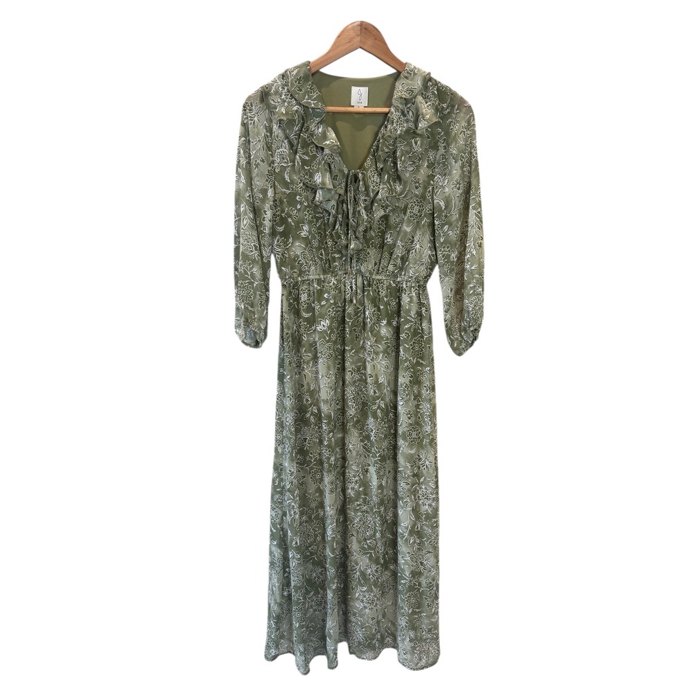 Joie Ruffle Floral Maxi Dress Green Long Sleeve Tie Neck Size Small Boho